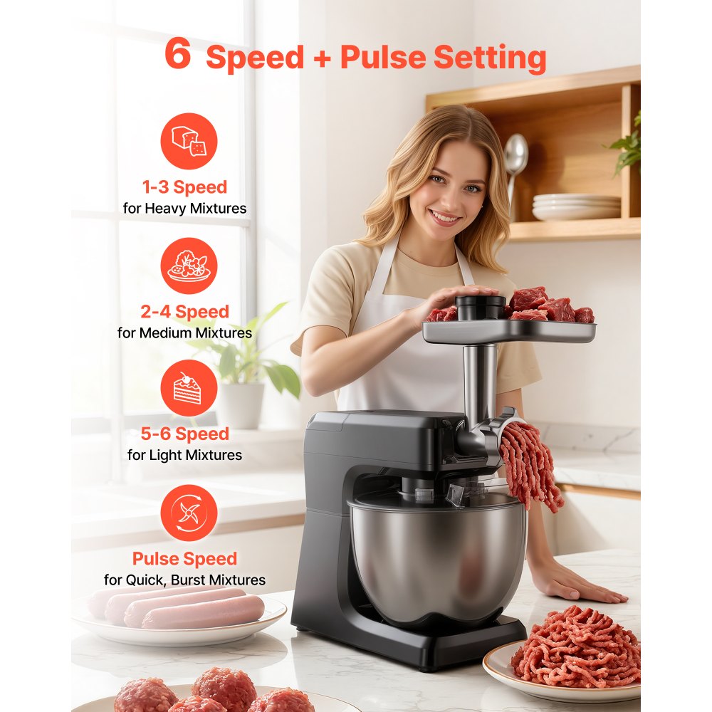 VEVOR Stand Mixer, 7.8 L Electric Kitchen Mixer, 1500W Dough-Mixer, 6+P Speeds Tilt-head Food-Mixer with 1.5 L Blender Cup, Stainless Steel Bowl, Dough Hook, Whisk, Beater, for Baking, Mixing, Black