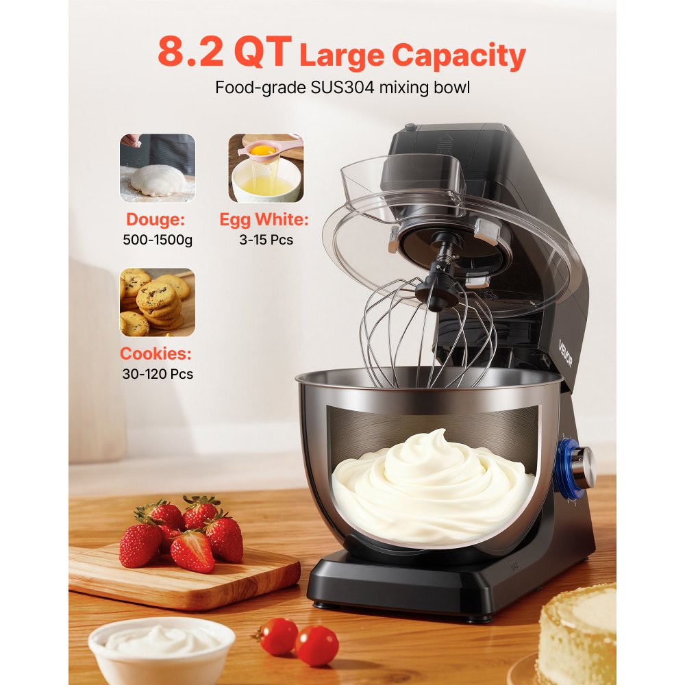 VEVOR Stand Mixer, 7.8 L Electric Kitchen Mixer, 1500W Dough-Mixer, 6+P Speeds Tilt-head Food-Mixer with 1.5 L Blender Cup, Stainless Steel Bowl, Dough Hook, Whisk, Beater, for Baking, Mixing, Black