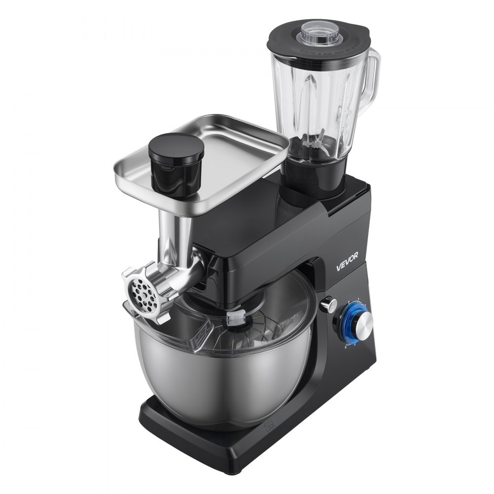 VEVOR Stand Mixer, 7.8 L Electric Kitchen Mixer, 1500W Dough-Mixer, 6+P Speeds Tilt-head Food-Mixer with 1.5 L Blender Cup, Stainless Steel Bowl, Dough Hook, Whisk, Beater, for Baking, Mixing, Black