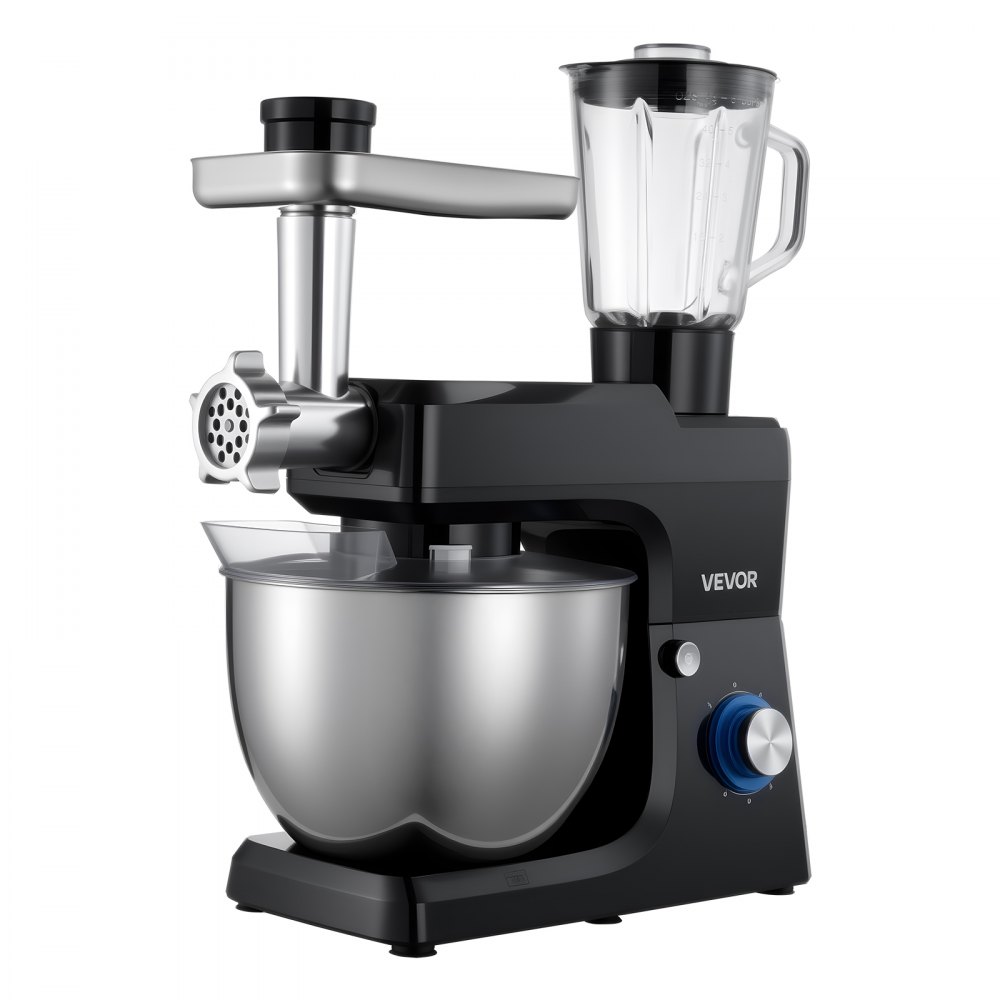 VEVOR Stand Mixer, 7.8 L Electric Kitchen Mixer, 1500W Dough-Mixer, 6+P Speeds Tilt-head Food-Mixer with 1.5 L Blender Cup, Stainless Steel Bowl, Dough Hook, Whisk, Beater, for Baking, Mixing, Black