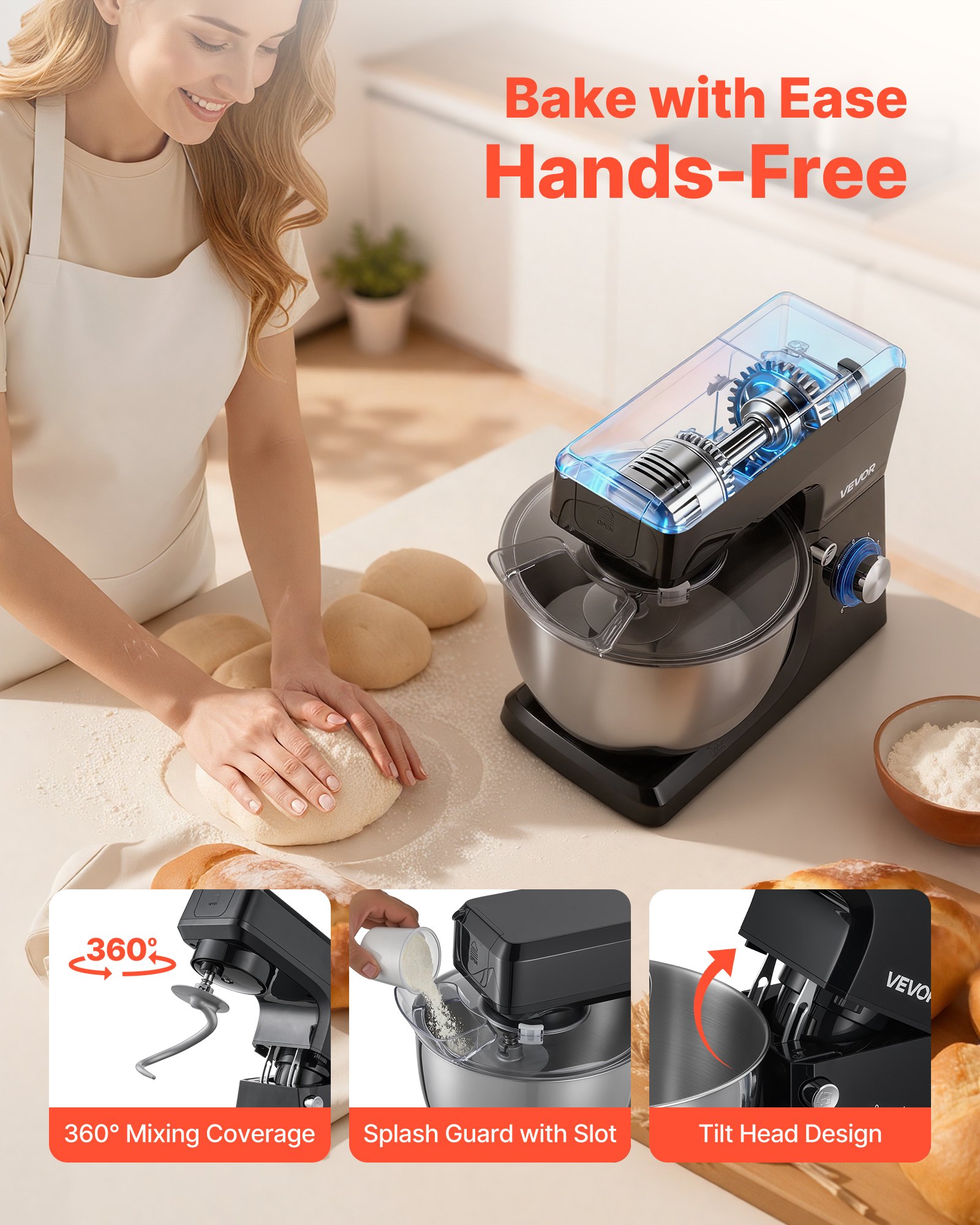 VEVOR Stand Mixer, 7.8 L Electric Kitchen Mixer, 1500W Dough-Mixer, 6+P Speeds Tilt-head Food-Mixer with 1.5 L Blender Cup, Stainless Steel Bowl, Dough Hook, Whisk, Beater, for Baking, Mixing, Black