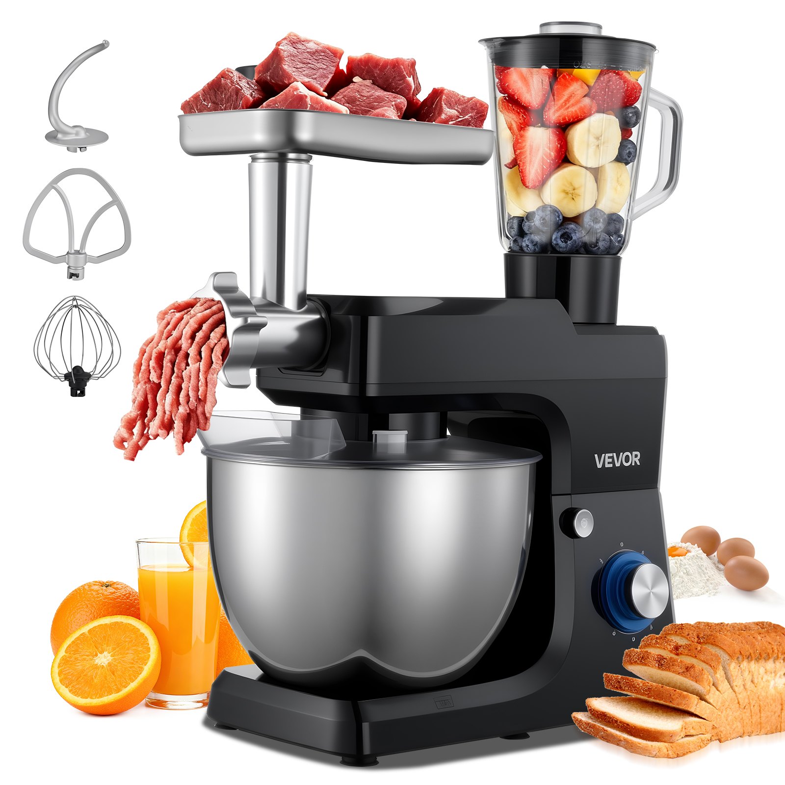 VEVOR Stand Mixer, 7.8 L Electric Kitchen Mixer, 1500W Dough-Mixer, 6+P Speeds Tilt-head Food-Mixer with 1.5 L Blender Cup, Stainless Steel Bowl, Dough Hook, Whisk, Beater, for Baking, Mixing, Black