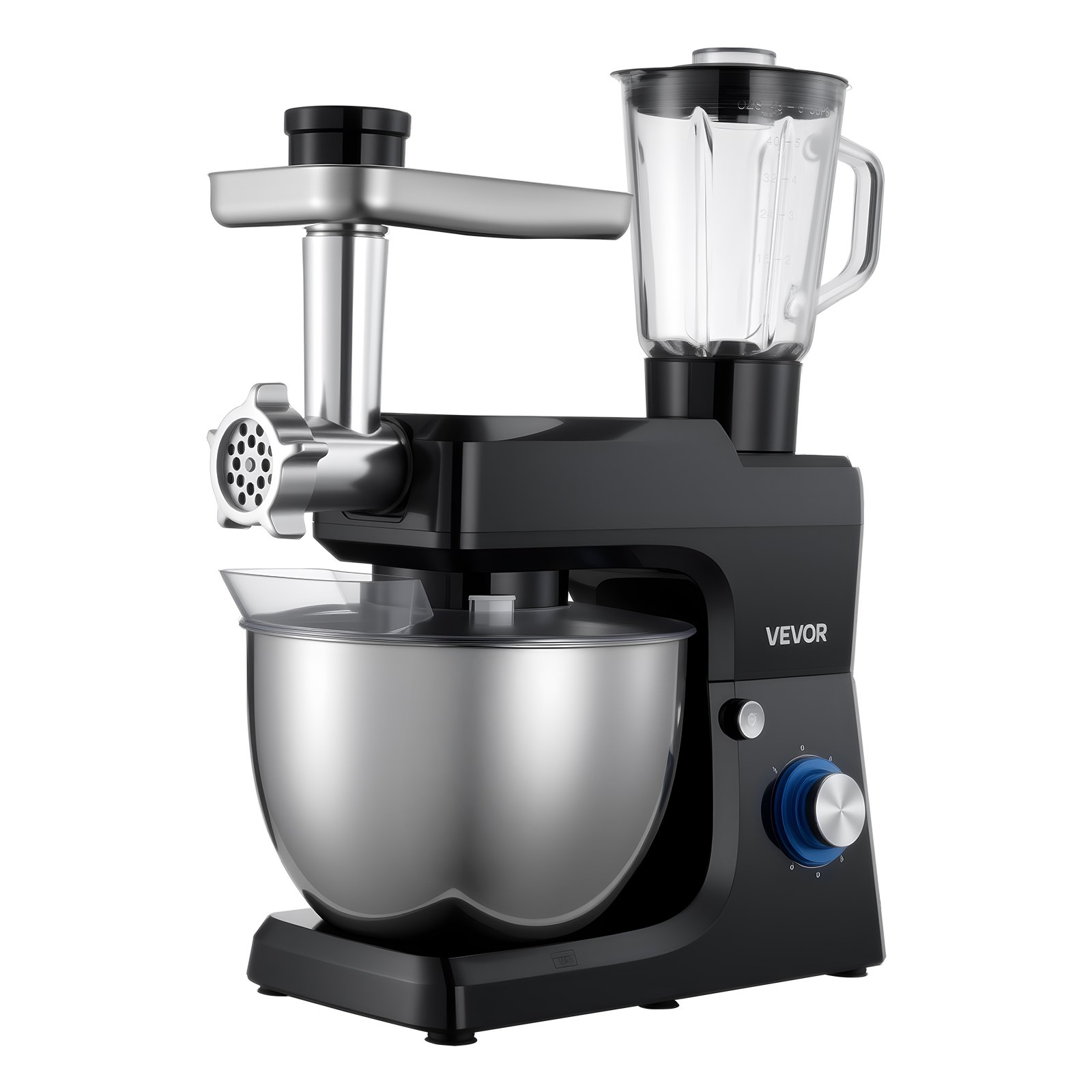 VEVOR Stand Mixer, 7.8 L Electric Kitchen Mixer, 1500W Dough-Mixer, 6+P Speeds Tilt-head Food-Mixer with 1.5 L Blender Cup, Stainless Steel Bowl, Dough Hook, Whisk, Beater, for Baking, Mixing, Black
