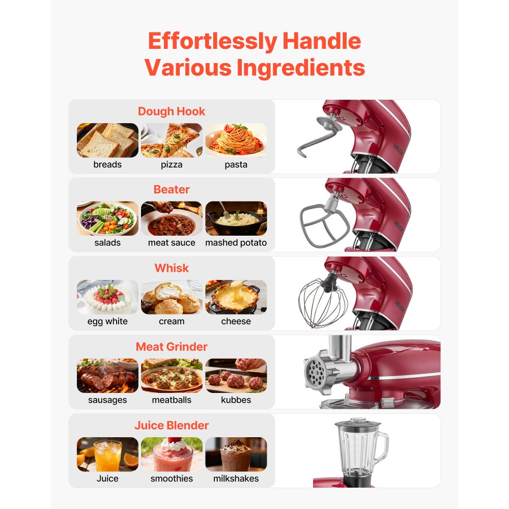 VEVOR Stand Mixer, 6 QT Electric Kitchen Mixer, 660W Dough-Mixer, 6+P Speeds Tilt-head Food-Mixer with 1.6 QT Blender Cup, Stainless Steel Bowl, Dough Hook, Whisk, Beater, for Baking, Mixing, Red