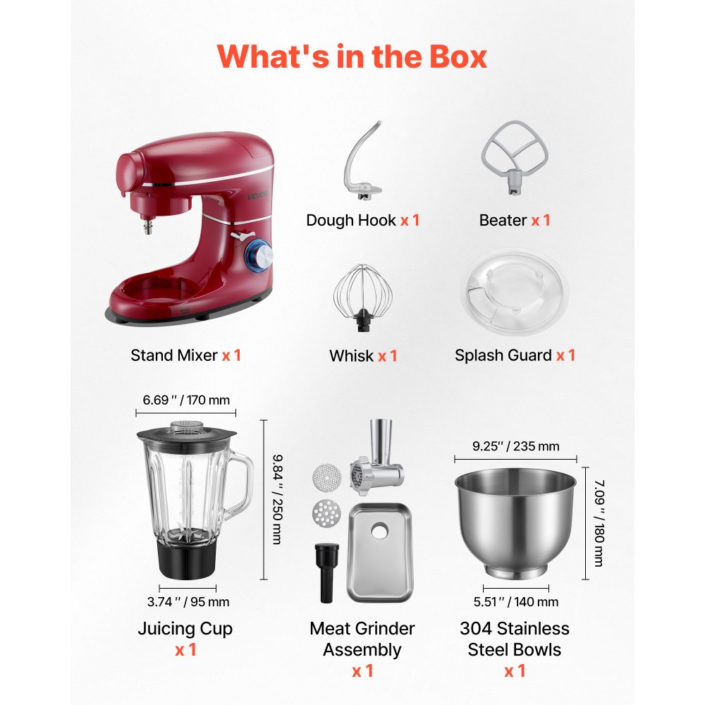 VEVOR Stand Mixer, 6 QT Electric Kitchen Mixer, 660W Dough-Mixer, 6+P Speeds Tilt-head Food-Mixer with 1.6 QT Blender Cup, Stainless Steel Bowl, Dough Hook, Whisk, Beater, for Baking, Mixing, Red