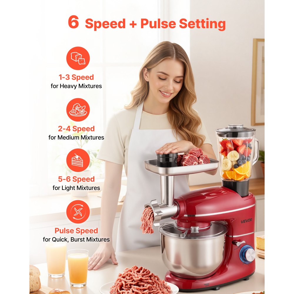 VEVOR Stand Mixer, 6 QT Electric Kitchen Mixer, 660W Dough-Mixer, 6+P Speeds Tilt-head Food-Mixer with 1.6 QT Blender Cup, Stainless Steel Bowl, Dough Hook, Whisk, Beater, for Baking, Mixing, Red