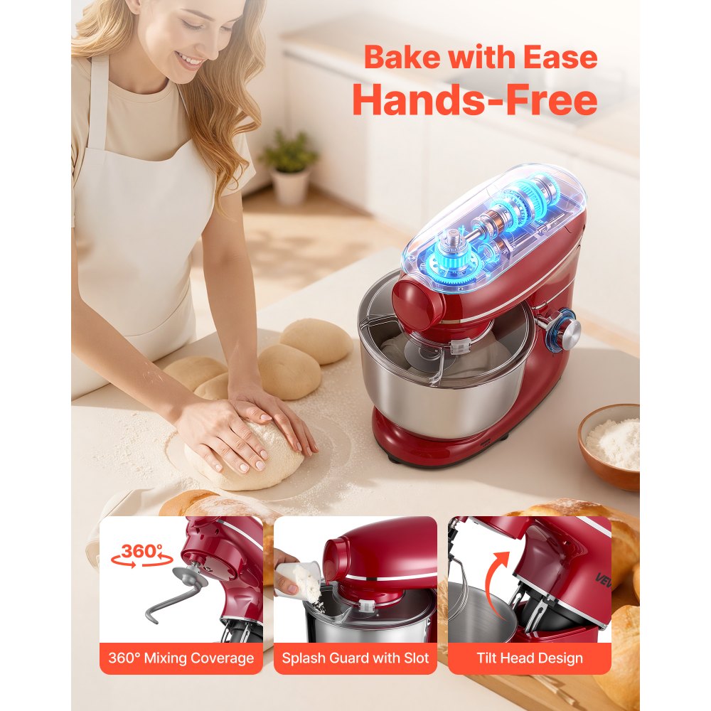 VEVOR Stand Mixer, 6 QT Electric Kitchen Mixer, 660W Dough-Mixer, 6+P Speeds Tilt-head Food-Mixer with 1.6 QT Blender Cup, Stainless Steel Bowl, Dough Hook, Whisk, Beater, for Baking, Mixing, Red