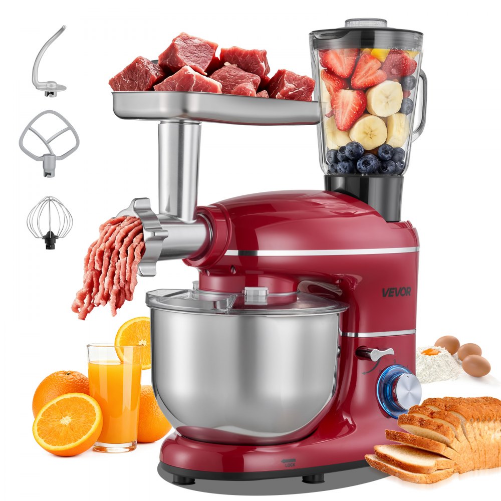 VEVOR Stand Mixer, 6 QT Electric Kitchen Mixer, 660W Dough-Mixer, 6+P Speeds Tilt-head Food-Mixer with 1.6 QT Blender Cup, Stainless Steel Bowl, Dough Hook, Whisk, Beater, for Baking, Mixing, Red