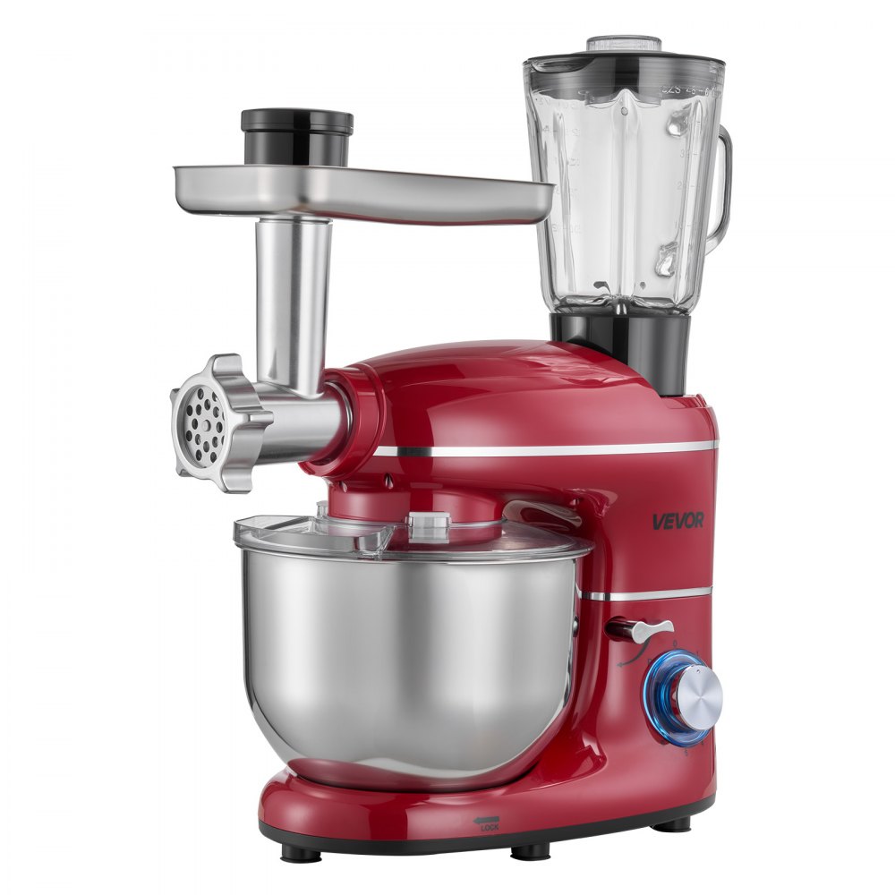 VEVOR Stand Mixer, 6 QT Electric Kitchen Mixer, 660W Dough-Mixer, 6+P Speeds Tilt-head Food-Mixer with 1.6 QT Blender Cup, Stainless Steel Bowl, Dough Hook, Whisk, Beater, for Baking, Mixing, Red