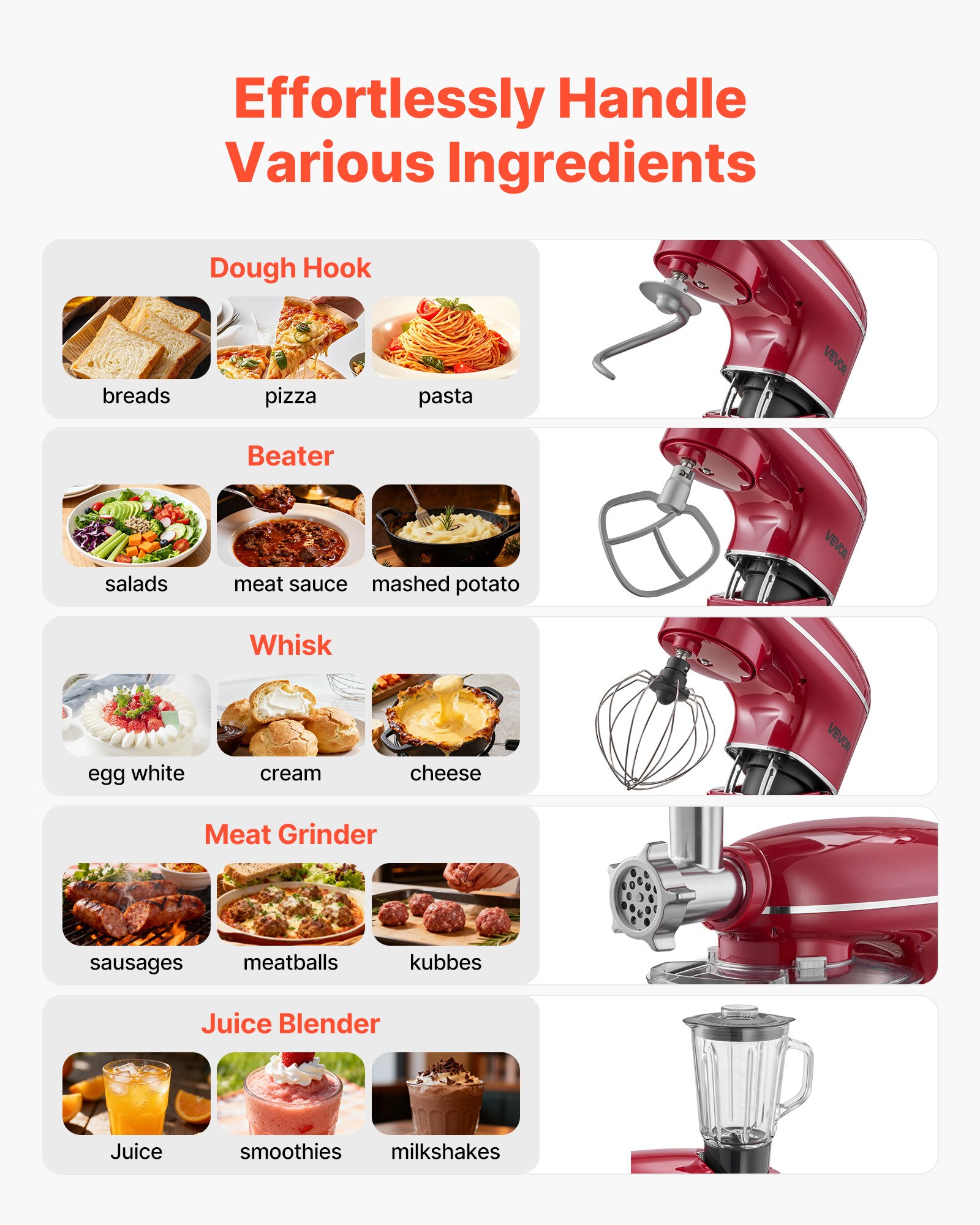 VEVOR Stand Mixer, 6 QT Electric Kitchen Mixer, 660W Dough-Mixer, 6+P Speeds Tilt-head Food-Mixer with 1.6 QT Blender Cup, Stainless Steel Bowl, Dough Hook, Whisk, Beater, for Baking, Mixing, Red