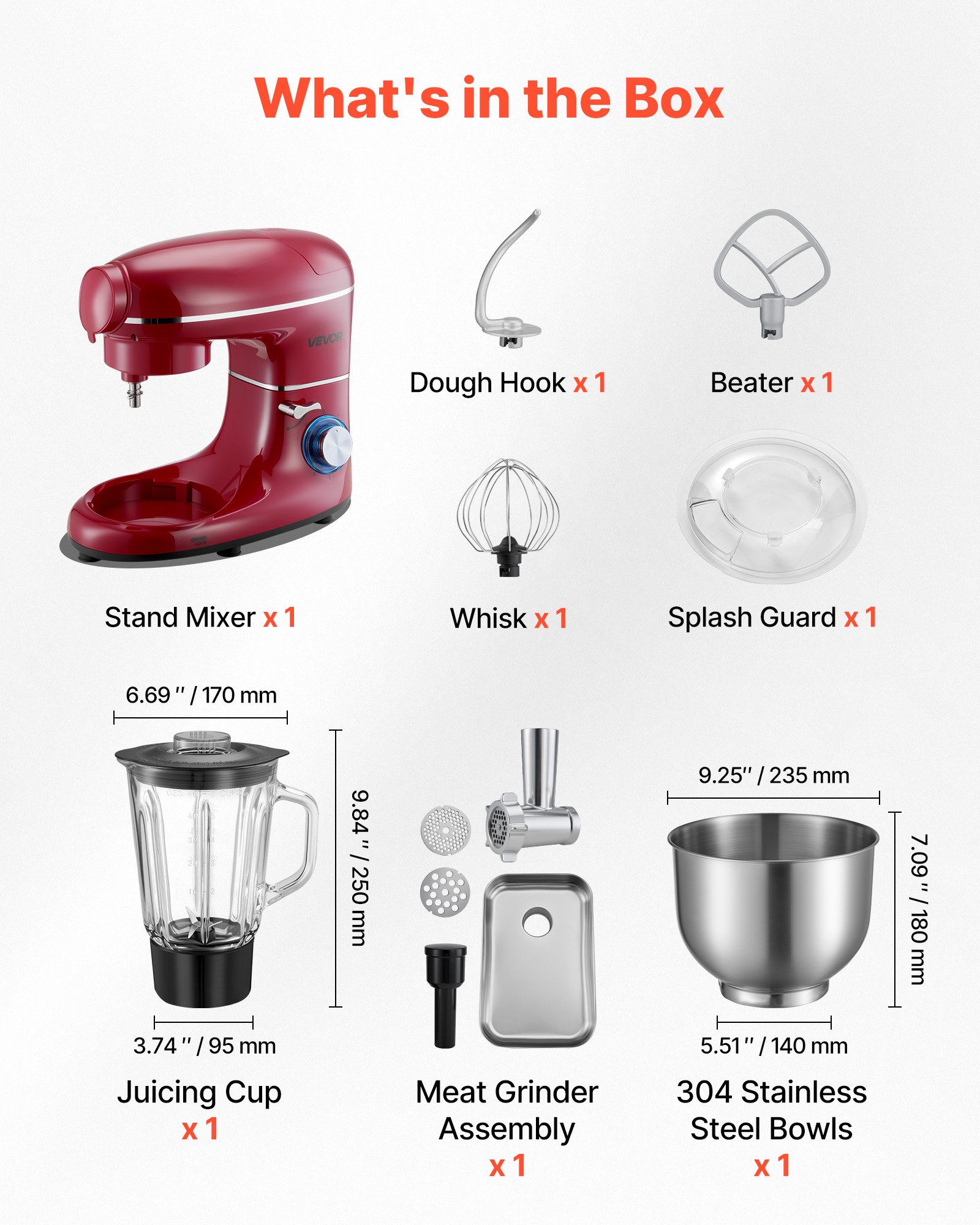 VEVOR Stand Mixer, 6 QT Electric Kitchen Mixer, 660W Dough-Mixer, 6+P Speeds Tilt-head Food-Mixer with 1.6 QT Blender Cup, Stainless Steel Bowl, Dough Hook, Whisk, Beater, for Baking, Mixing, Red