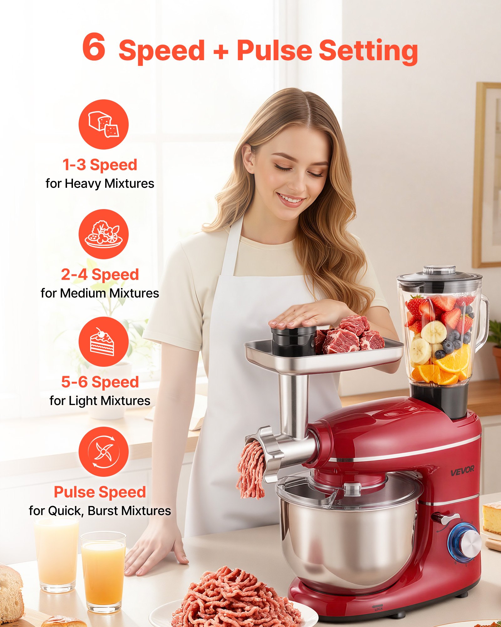 VEVOR Stand Mixer, 6 QT Electric Kitchen Mixer, 660W Dough-Mixer, 6+P Speeds Tilt-head Food-Mixer with 1.6 QT Blender Cup, Stainless Steel Bowl, Dough Hook, Whisk, Beater, for Baking, Mixing, Red