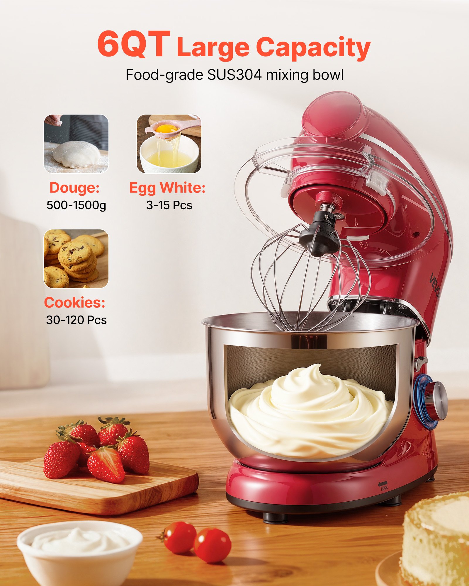 VEVOR Stand Mixer, 6 QT Electric Kitchen Mixer, 660W Dough-Mixer, 6+P Speeds Tilt-head Food-Mixer with 1.6 QT Blender Cup, Stainless Steel Bowl, Dough Hook, Whisk, Beater, for Baking, Mixing, Red