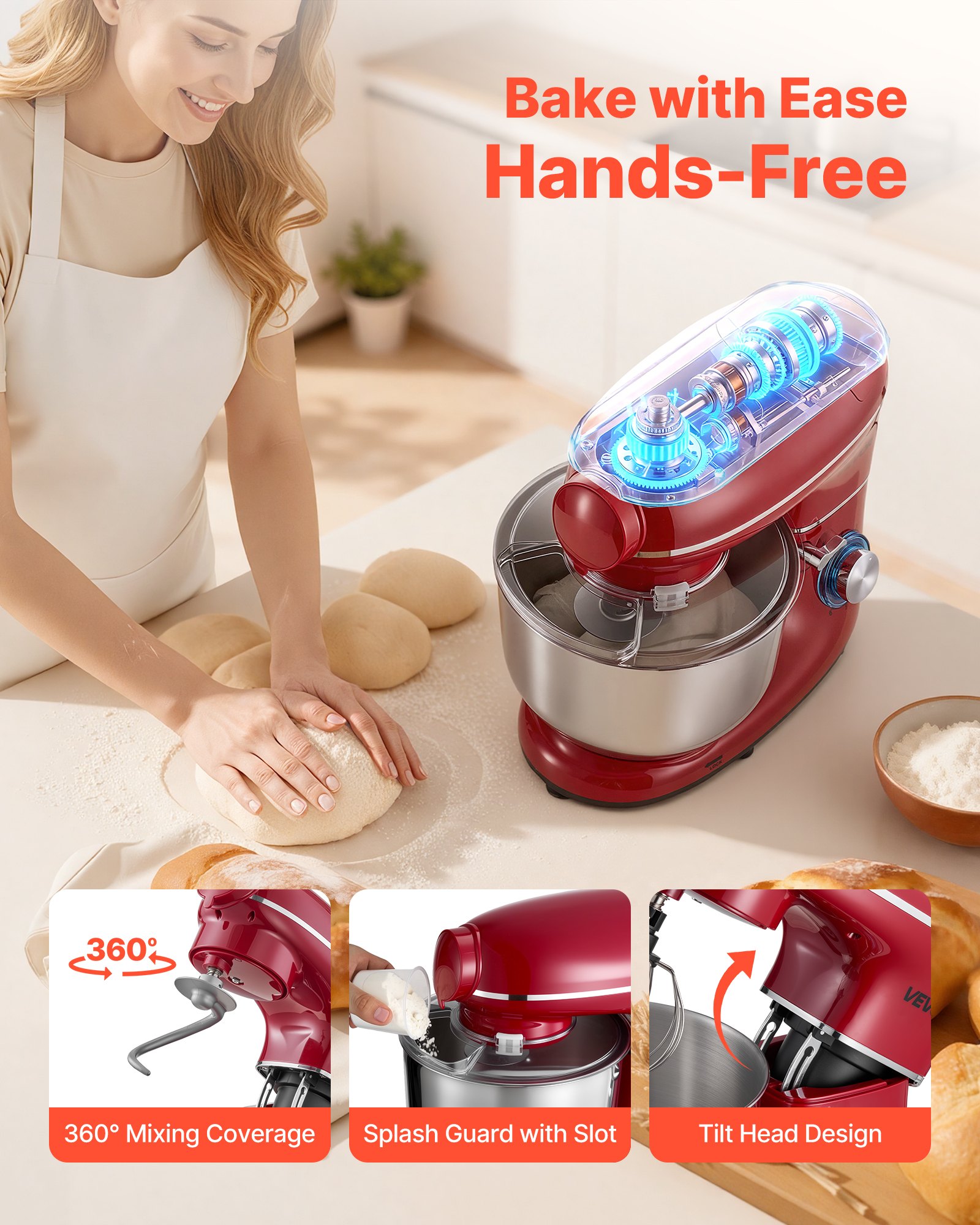 VEVOR Stand Mixer, 6 QT Electric Kitchen Mixer, 660W Dough-Mixer, 6+P Speeds Tilt-head Food-Mixer with 1.6 QT Blender Cup, Stainless Steel Bowl, Dough Hook, Whisk, Beater, for Baking, Mixing, Red