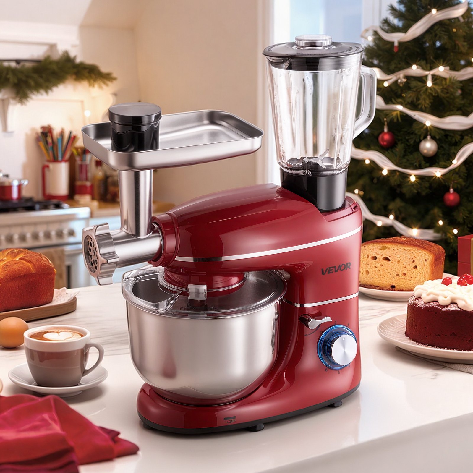 VEVOR Stand Mixer, 6 QT Electric Kitchen Mixer, 660W Dough-Mixer, 6+P Speeds Tilt-head Food-Mixer with 1.6 QT Blender Cup, Stainless Steel Bowl, Dough Hook, Whisk, Beater, for Baking, Mixing, Red