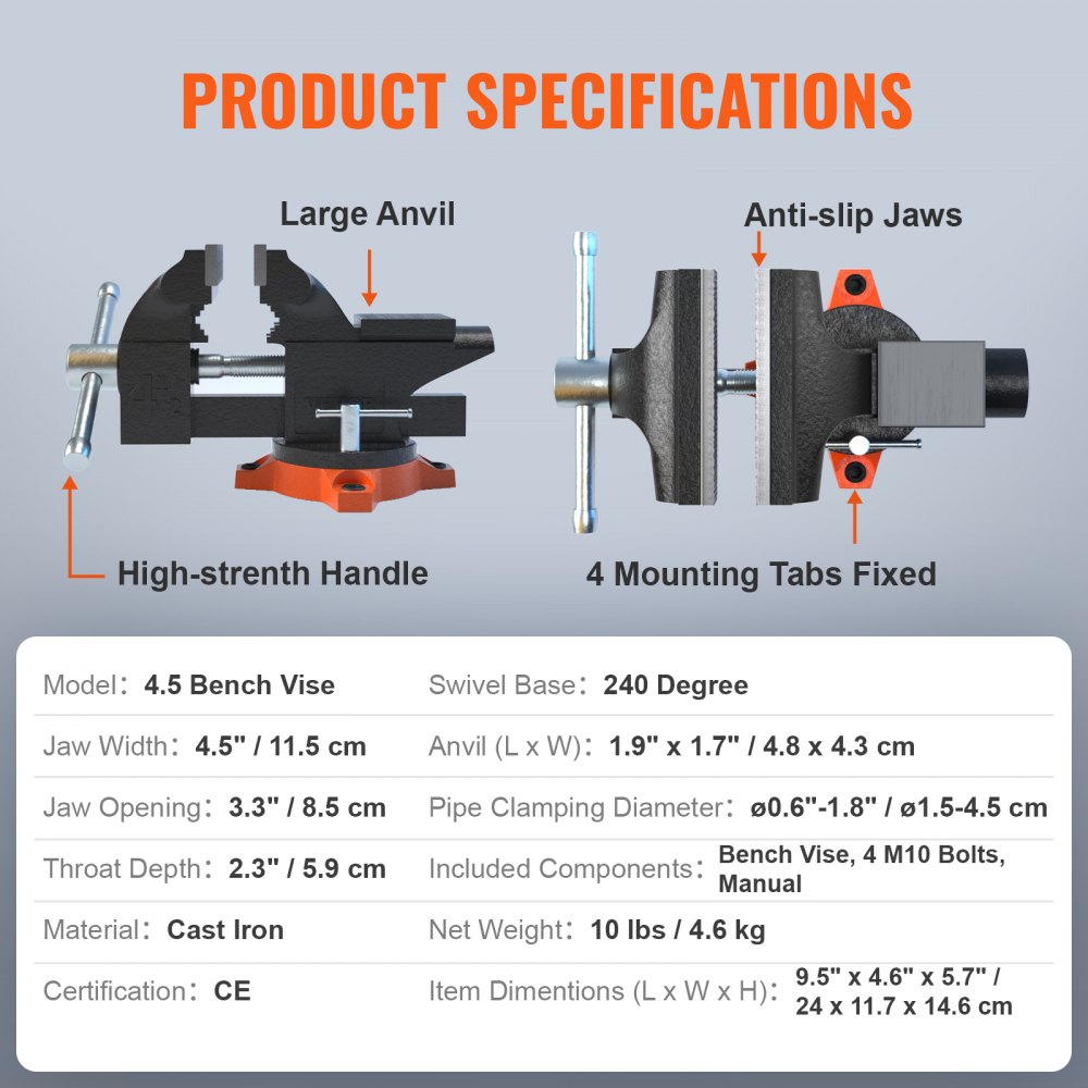 VEVOR bench vise product specifications, highlighting large anvil, anti-slip jaws, and swivel base.