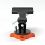 orange-base VEVOR bench vise with black clamping jaws, bolts, and rotating handle.