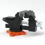 VEVOR bench vise with a bright orange swivel base, black metal body, and a polished silver handle.