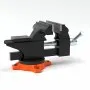 black VEVOR bench vise with handle and orange base on white background.