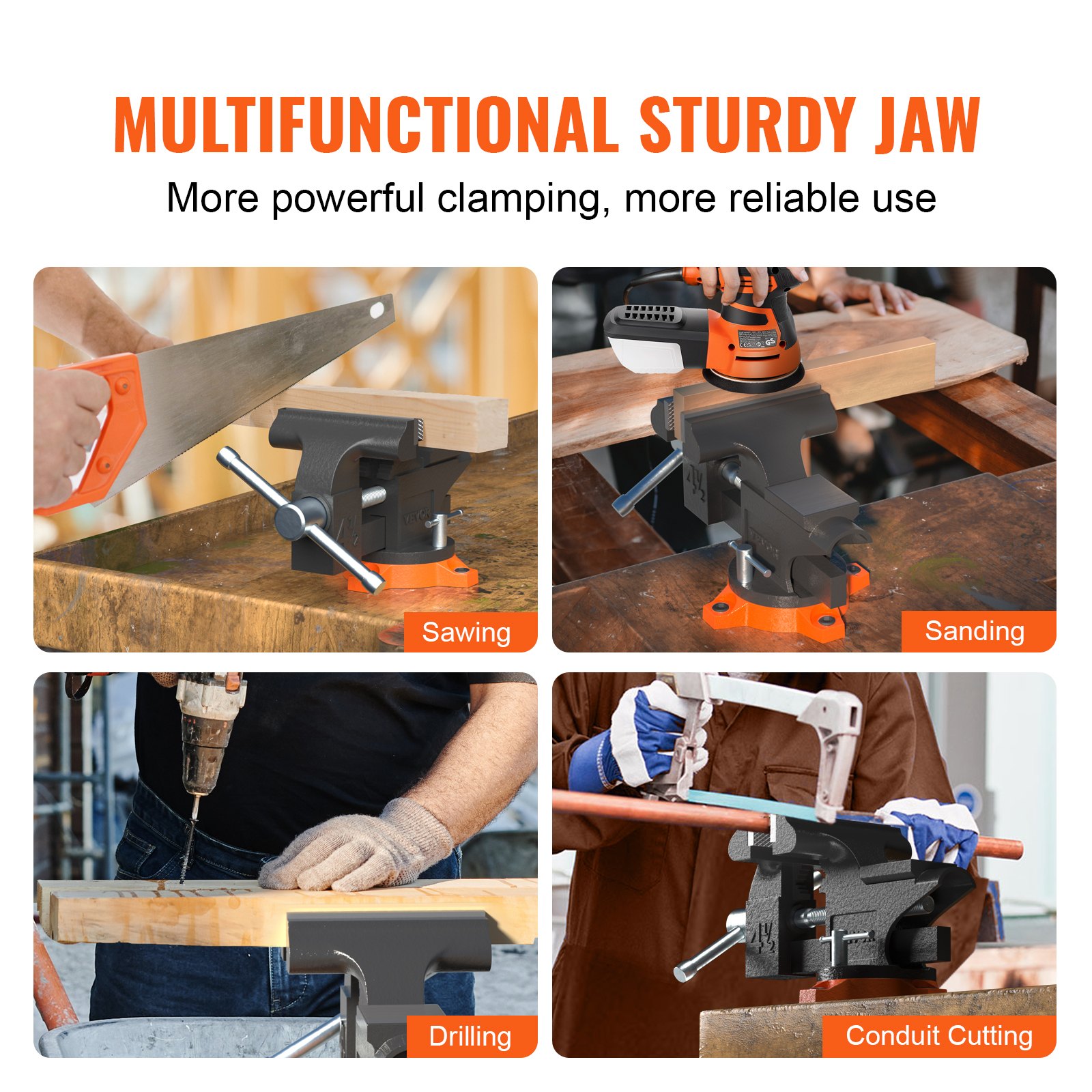 VEVOR bench vise used for sawing, sanding, drilling, and conduit cutting on various workbenches.