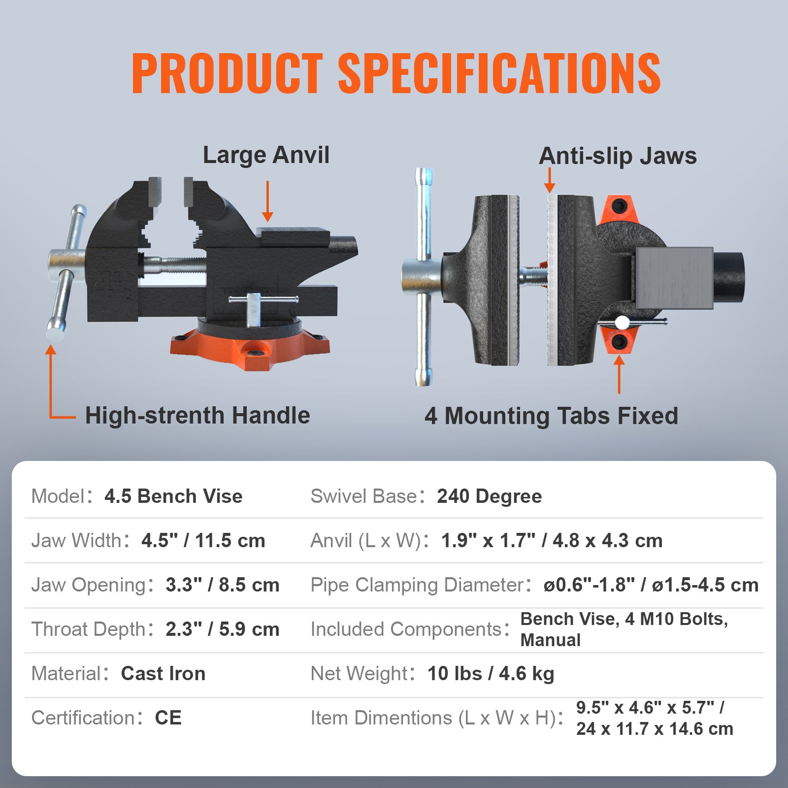 VEVOR bench vise product specifications, highlighting large anvil, anti-slip jaws, and swivel base.