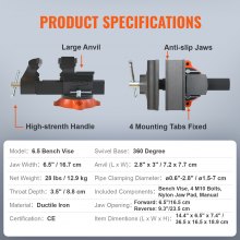 VEVOR Bench Vise, 6.5" Jaw Width 6.5" Forward &9.3" Reverse Opening, 360-Degree Swivel Locking Base Multipurpose Workbench with Anvil, Heavy Duty Ductile Iron with Bolts & Nuts, for Drilling, Pipe Cut