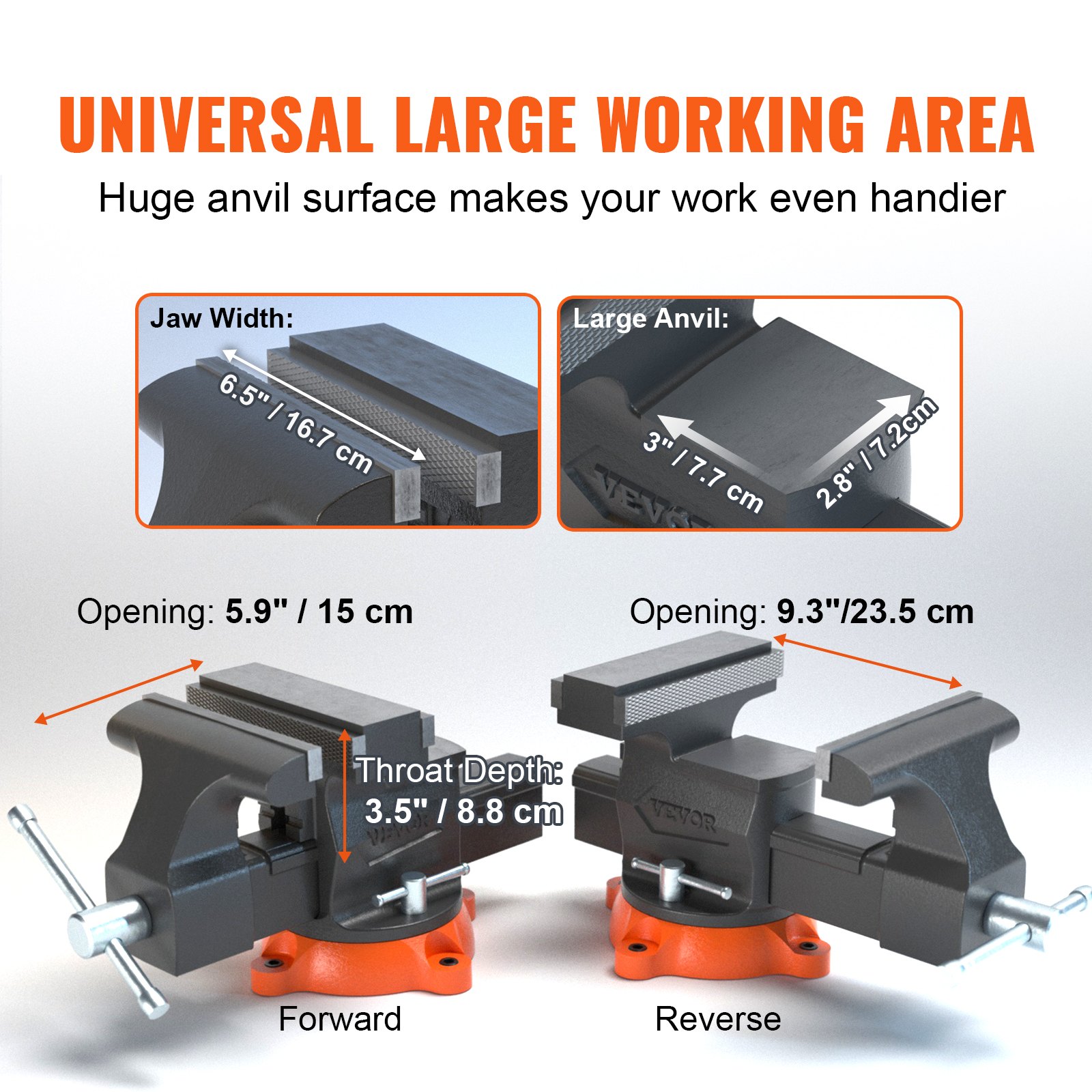 VEVOR bench vise with large anvil, 6.5&quot; jaw width, 3.5&quot; throat depth, and up to 9.3&quot; opening.