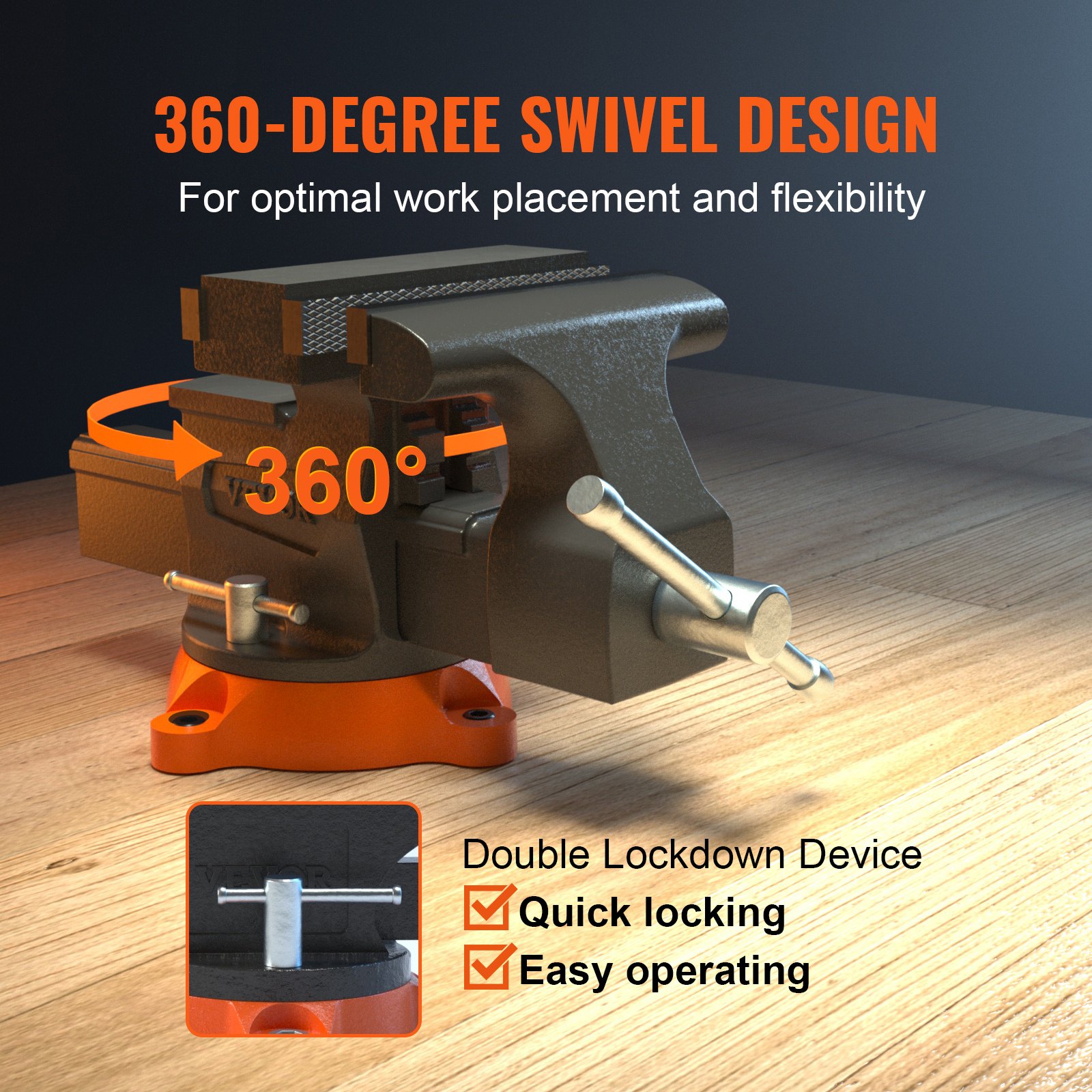 VEVOR bench vise with 360-degree swivel design, double lockdown device for quick locking and easy operating.