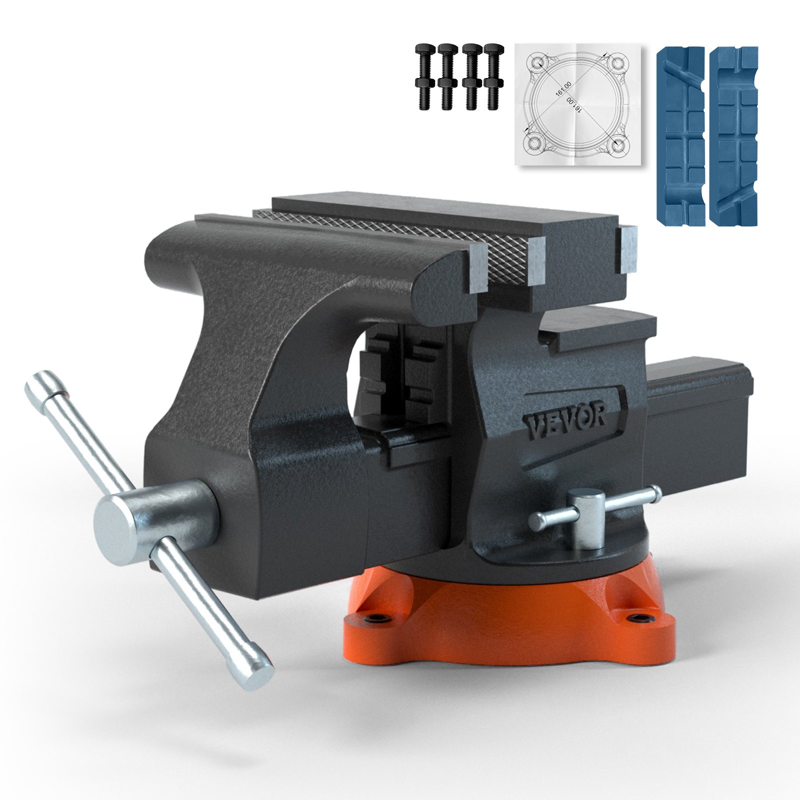 VEVOR bench vise with accessories, mounting bolts, base plate, and jaw pads on a white background.