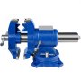 blue VEVOR bench vise with swivel base, jaws open, on a white background.