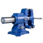 blue VEVOR bench vise with rotating base and grip handles.