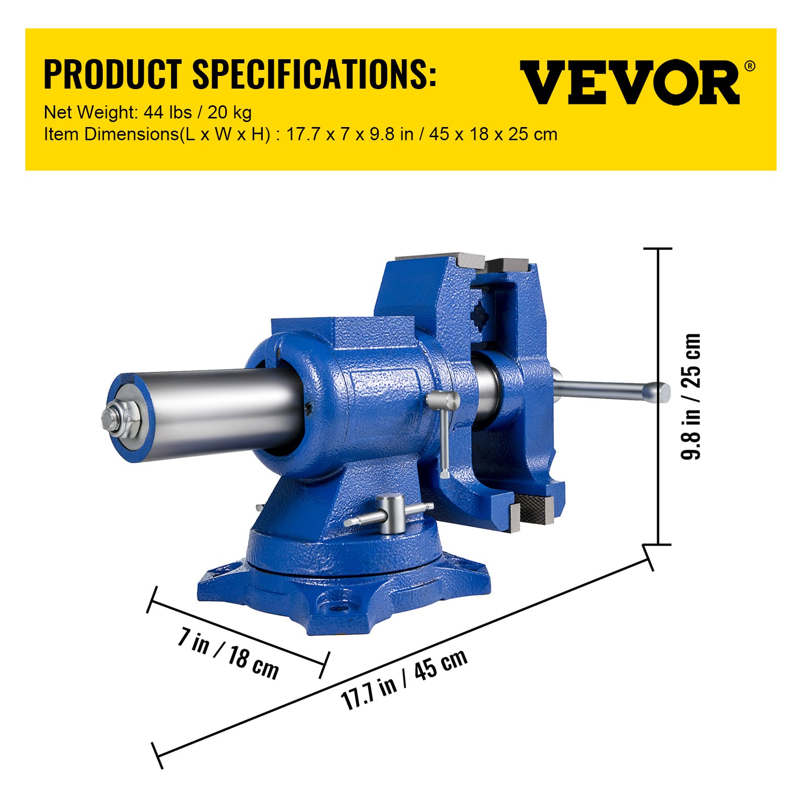 blue VEVOR bench vise with specifications, 17.7 x 7 x 9.8 in, 44 lbs.