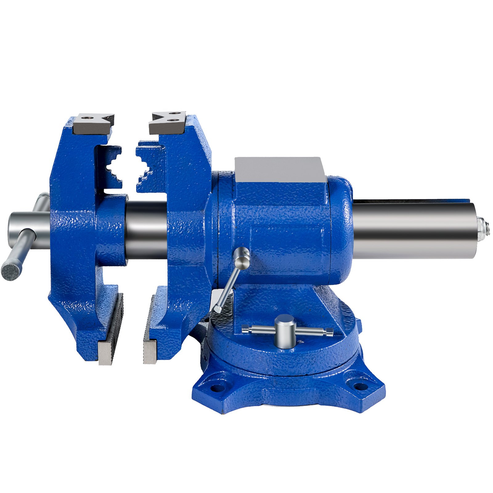 blue VEVOR bench vise with swivel base, jaws open, on a white background.