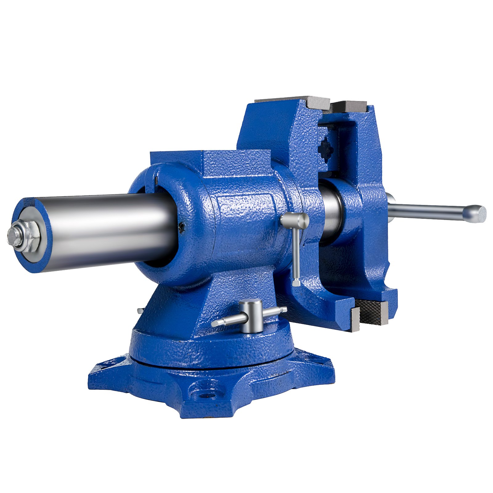 blue VEVOR bench vise with rotating base and grip handles.