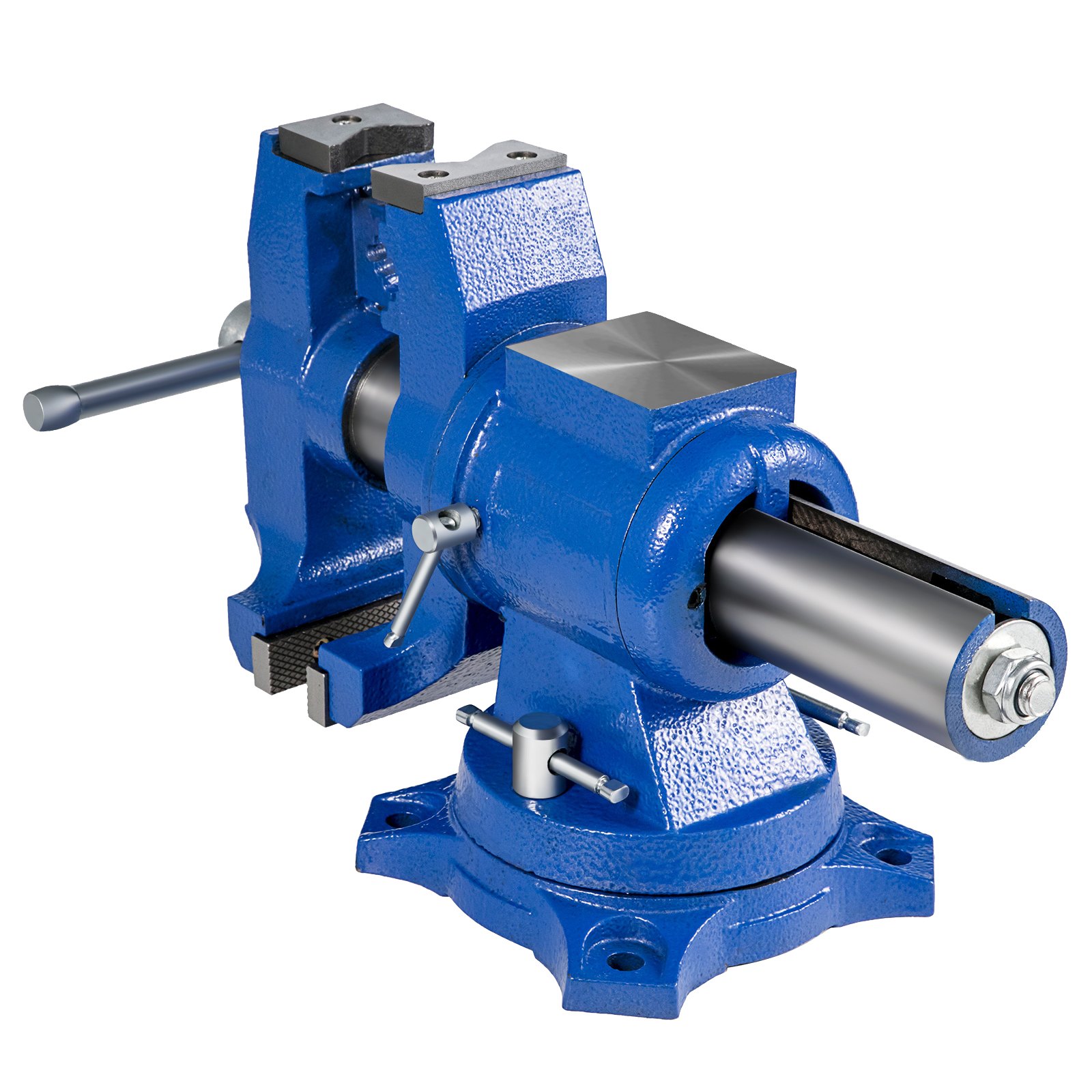 blue VEVOR bench vise with rotating base and sturdy jaws for secure grip.