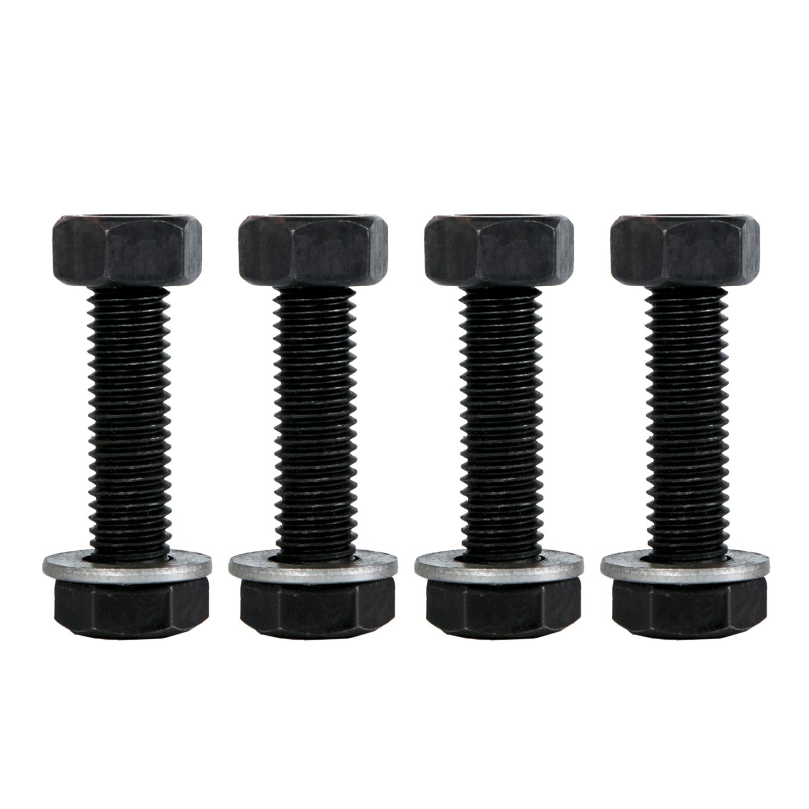 four black hex bolts with washers arranged in a row for VEVOR bench vise.