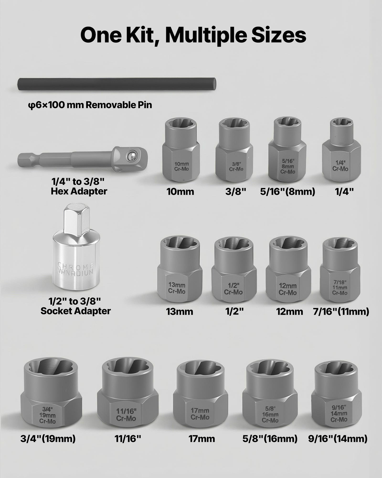 VEVOR Bolt Extractor Kit, 16 Pieces Impact Bolt & Nut Remover Set with Adapters and Pin Punch, Solid Storage Case, Cr-Mo Steel for Removing Damaged, Rusted, Stripped, Rounded Bolts, Nuts and Screws