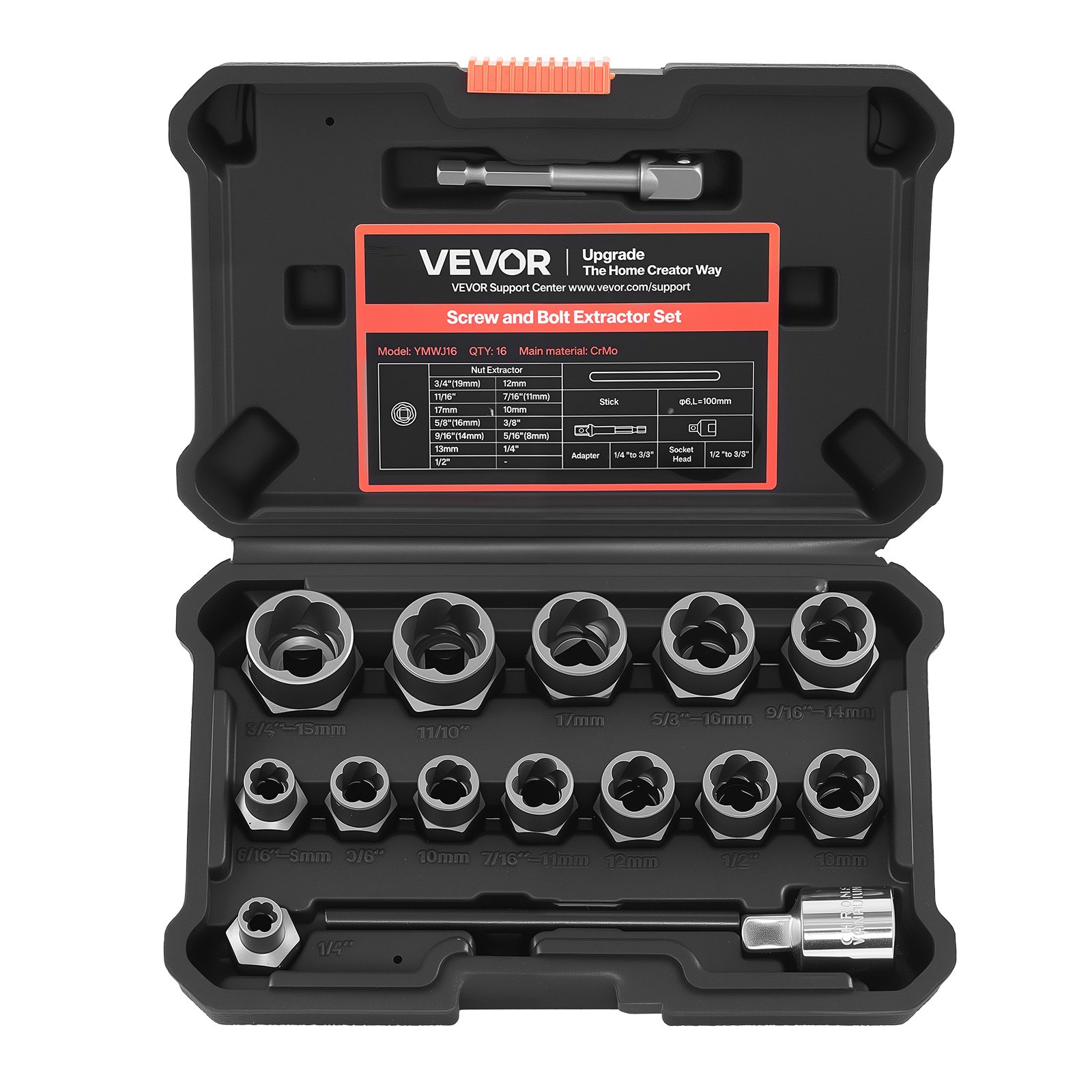 VEVOR Bolt Extractor Kit, 16 Pieces Impact Bolt & Nut Remover Set with Adapters and Pin Punch, Solid Storage Case, Cr-Mo Steel for Removing Damaged, Rusted, Stripped, Rounded Bolts, Nuts and Screws