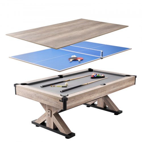VEVOR Billiards Table Combo Set, 7ft 3-in-1 Multi Game Table with Dining, Pool, and Tennis Table, Includes Full Set of Accessories, Wood Color with Grey Cloth, Perfect for Family Game Room Kids Adults