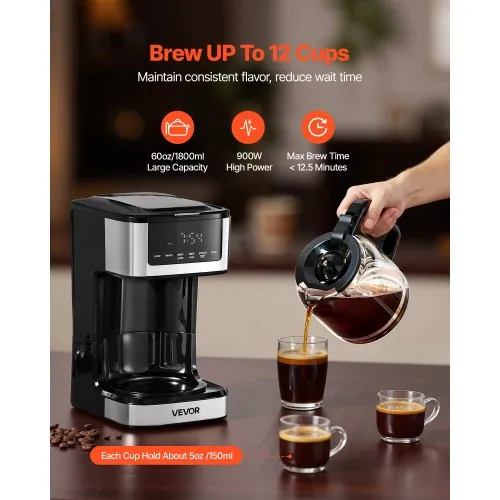 VEVOR 12-cup Programmable Drip Coffee Maker With Touch Screen 2 Brew Strengths 4-hour Keep Warm 24-hour Timer For Home