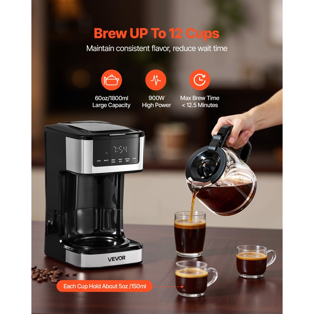 VEVOR Programmable Coffee Maker, 12 Cup Programmable Drip Coffee Makers with Touch Screen, 4-Hour Keep Warm Coffee Makers Drips, 2 Brew Strengths Drip Coffee Machine for Home, 24-Hour Programmable