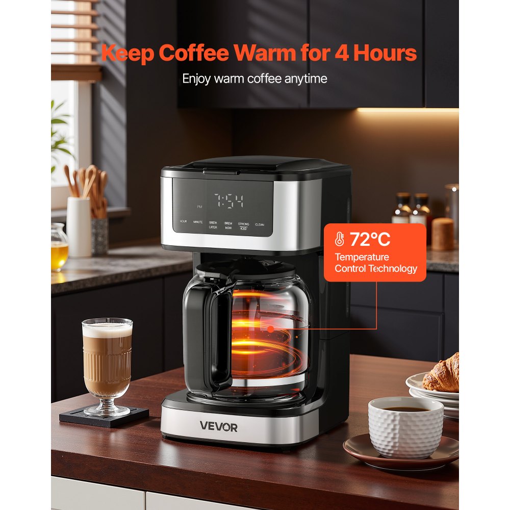 VEVOR Programmable Coffee Maker, 12 Cup Programmable Drip Coffee Makers with Touch Screen, 4-Hour Keep Warm Coffee Makers Drips, 2 Brew Strengths Drip Coffee Machine for Home, 24-Hour Programmable