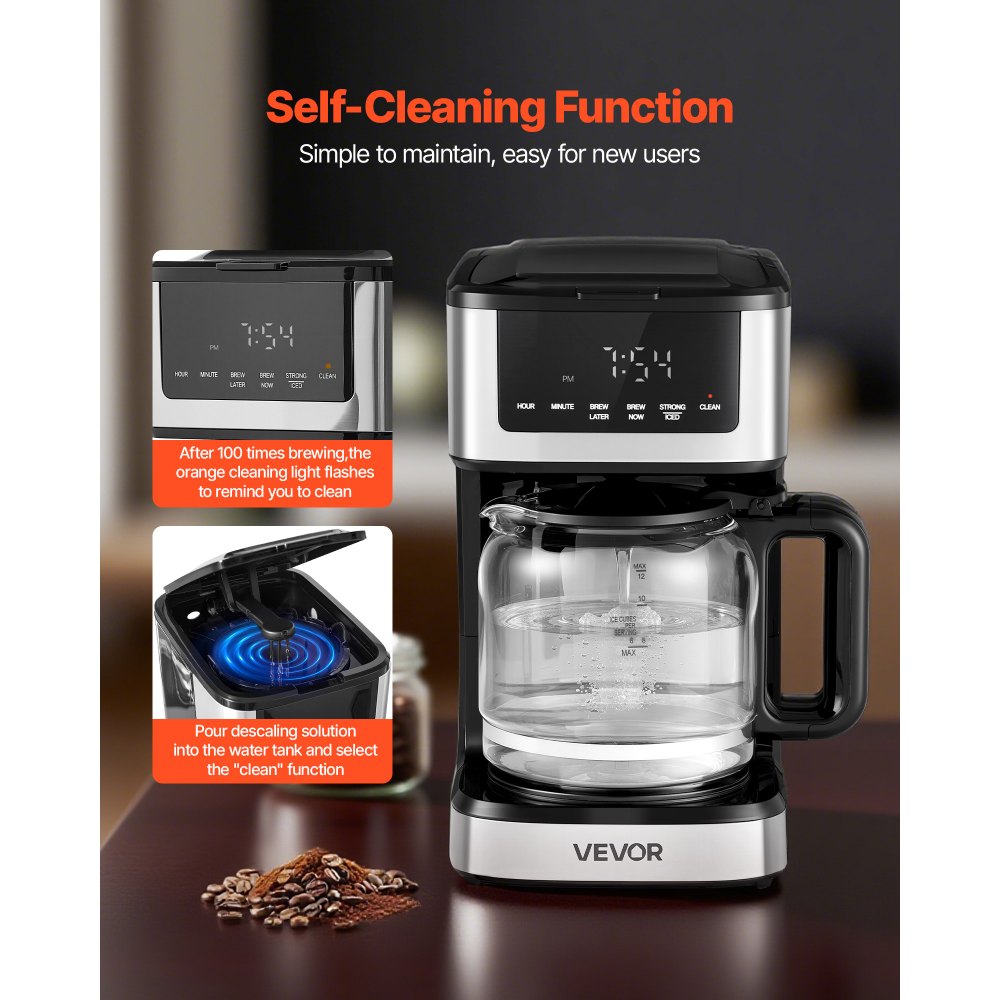 VEVOR Programmable Coffee Maker, 12 Cup Programmable Drip Coffee Makers with Touch Screen, 4-Hour Keep Warm Coffee Makers Drips, 2 Brew Strengths Drip Coffee Machine for Home, 24-Hour Programmable