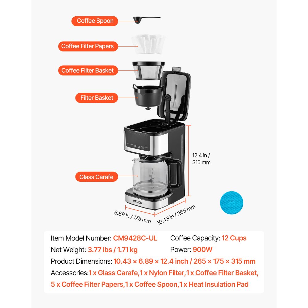 VEVOR Programmable Coffee Maker, 12 Cup Programmable Drip Coffee Makers with Touch Screen, 4-Hour Keep Warm Coffee Makers Drips, 2 Brew Strengths Drip Coffee Machine for Home, 24-Hour Programmable