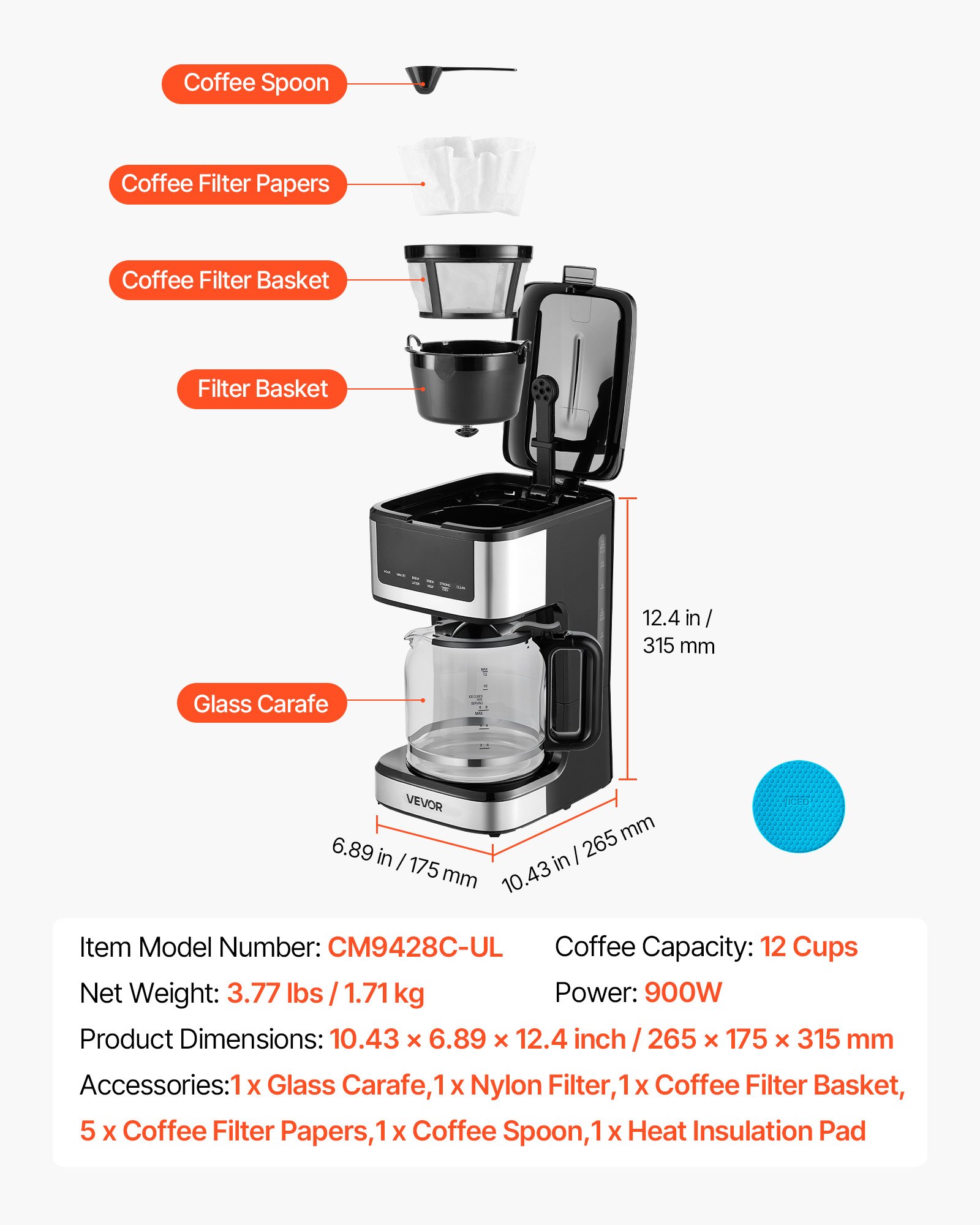 VEVOR Programmable Coffee Maker, 12 Cup Programmable Drip Coffee Makers with Touch Screen, 4-Hour Keep Warm Coffee Makers Drips, 2 Brew Strengths Drip Coffee Machine for Home, 24-Hour Programmable