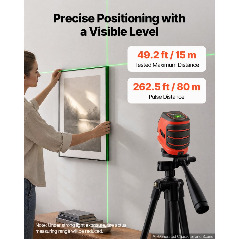 VEVOR Self Leveling Laser Level 15 m, Green Cross Line 2 Spot Laser, for Picture Hanging, Tile, DIY Construction, Manual, Self-Leveling, Pulse Modes, IP54 Rated, 8H Runtime, with Storage Bag