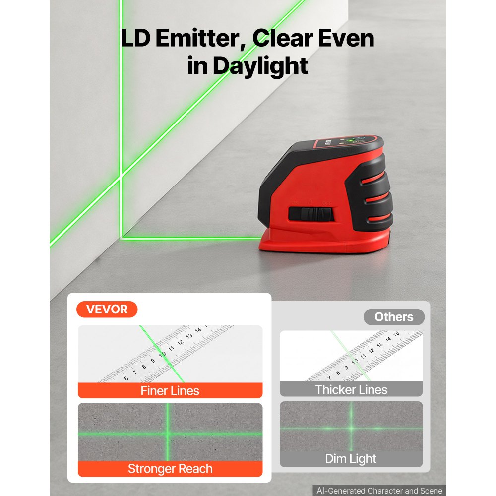 VEVOR Self Leveling Laser Level 15 m, Green Cross Line 2 Spot Laser, for Picture Hanging, Tile, DIY Construction, Manual, Self-Leveling, Pulse Modes, IP54 Rated, 8H Runtime, with Storage Bag