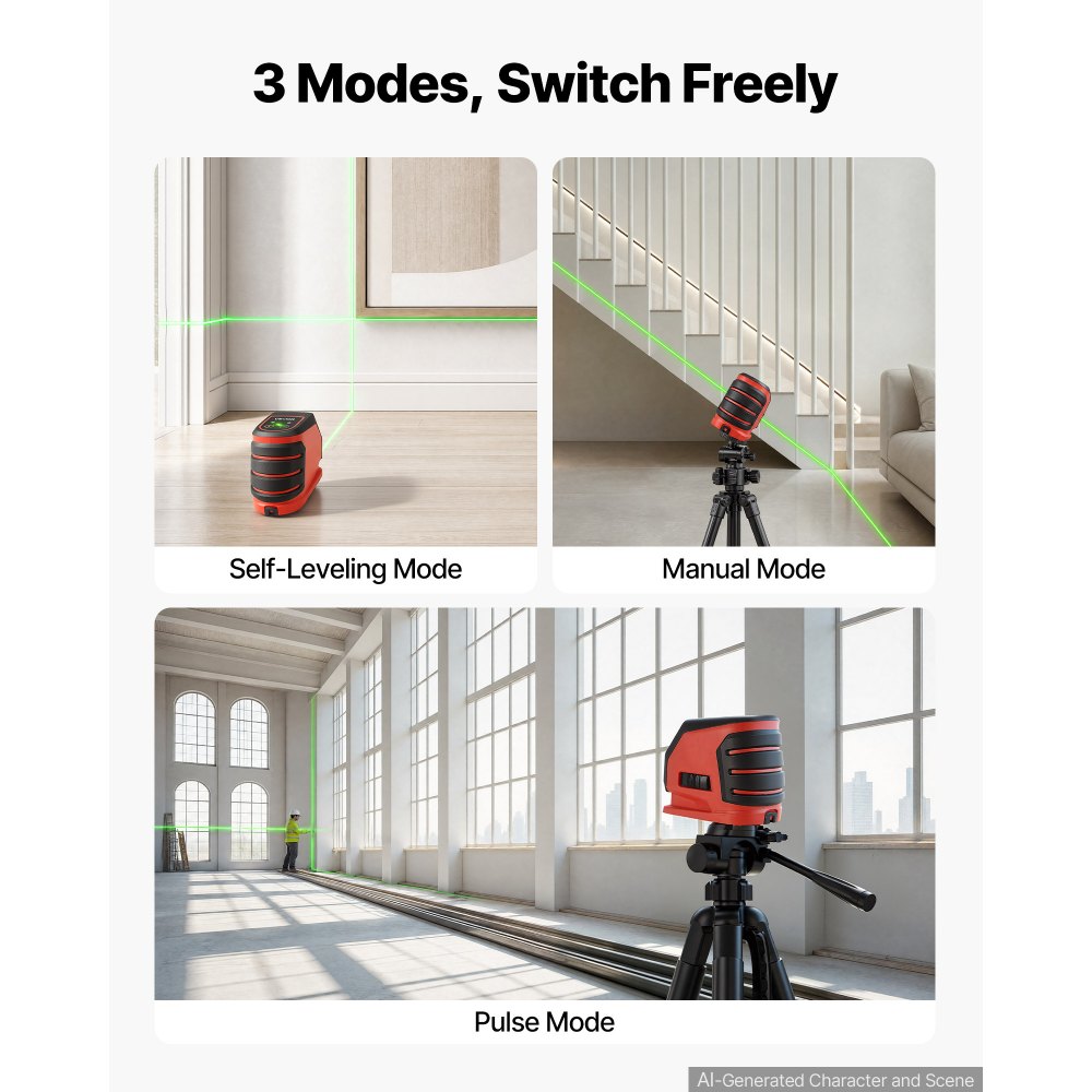VEVOR Self Leveling Laser Level 15 m, Green Cross Line 2 Spot Laser, for Picture Hanging, Tile, DIY Construction, Manual, Self-Leveling, Pulse Modes, IP54 Rated, 8H Runtime, with Storage Bag