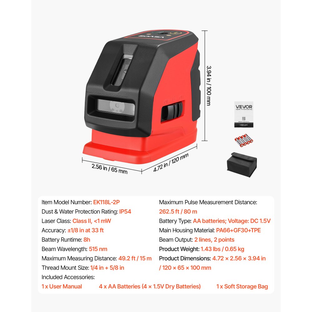 VEVOR Self Leveling Laser Level 15 m, Green Cross Line 2 Spot Laser, for Picture Hanging, Tile, DIY Construction, Manual, Self-Leveling, Pulse Modes, IP54 Rated, 8H Runtime, with Storage Bag