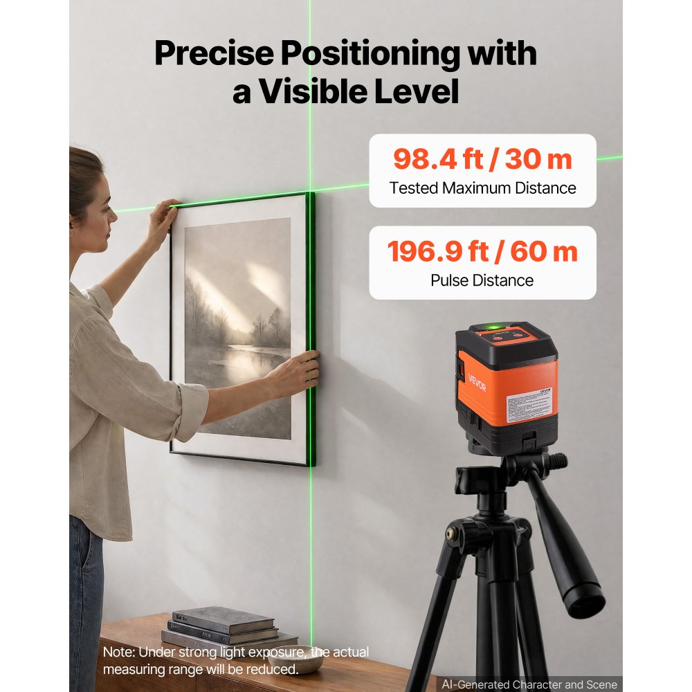 VEVOR Self Leveling Laser Level 30 m, Green Cross Line with 4-Point Laser, for Picture Hanging, Tile, DIY Construction, Manual, Self-Leveling, Pulse Modes, IP54 Water-Resistant, 8H Runtime, Tool Case